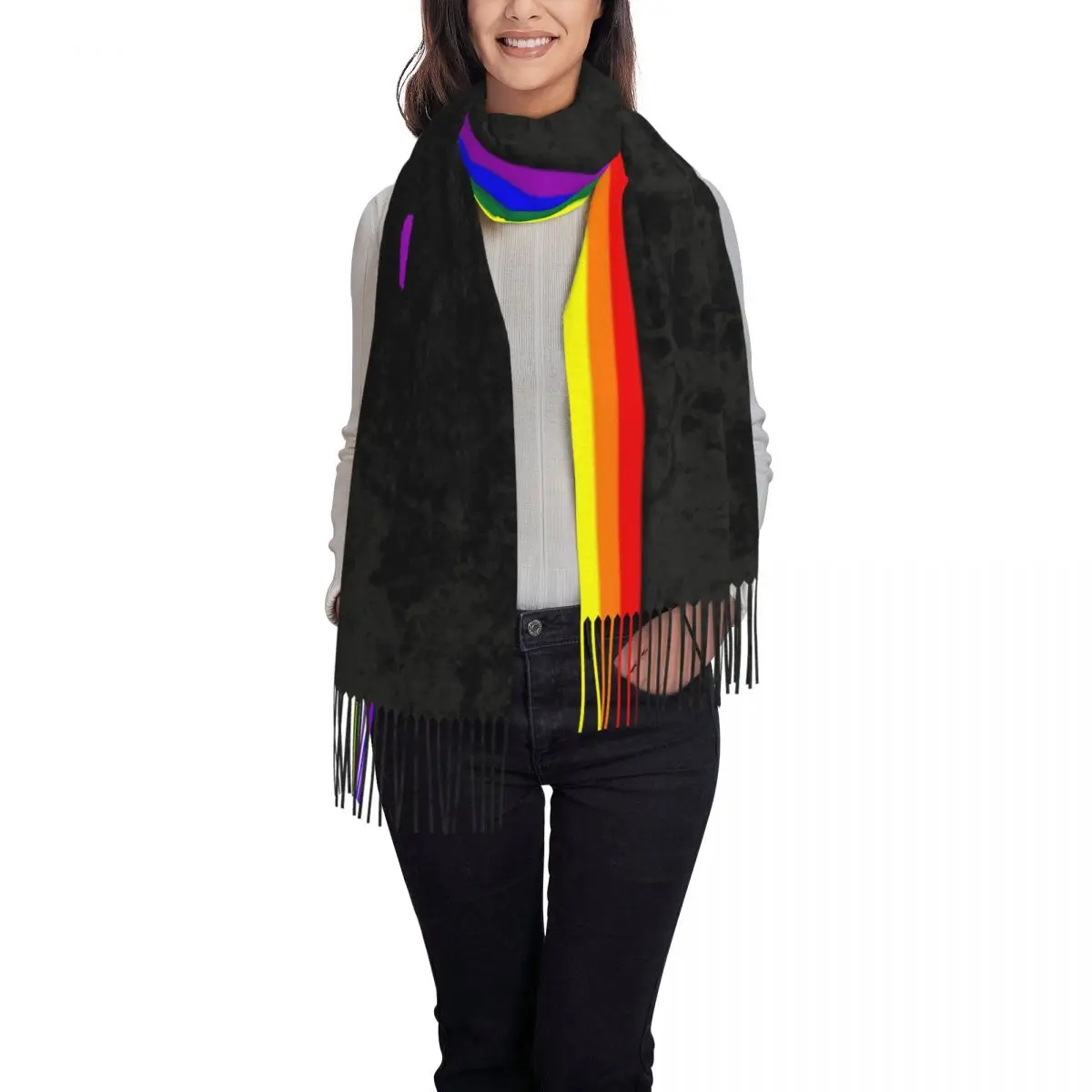 Distressed LGBTQ Pride Flag Stripe ผ้าพันคอผู้หญิงฤดูหนาวผ้าคลุมไหล่ LGBT เกย์เลสเบี้ยนพู่ Wraps