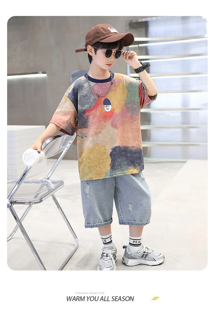 Sommer Tie-Dye Coole Kinder Jungen Freizeit-Oberteile Bedrucktes Trendiges Kinder-T-Shirt Kurzarm Teenager-T-Shirts Baumwoll-T-Shirt 4-14 Jahre Alt – Detail 11