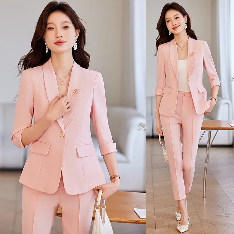 

Pink women's thin summer blazer2025New casual high-end three-quarter sleeve suit for petite individuals