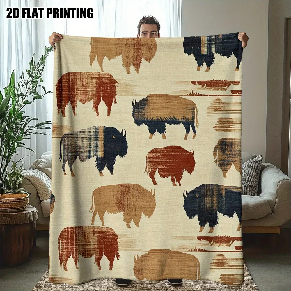 Western Style Multi-color Bison Buffalo Antique Grain Art Pattern Soft Blanket Fit Living Room Bed Travel Multi-scene Home Daily