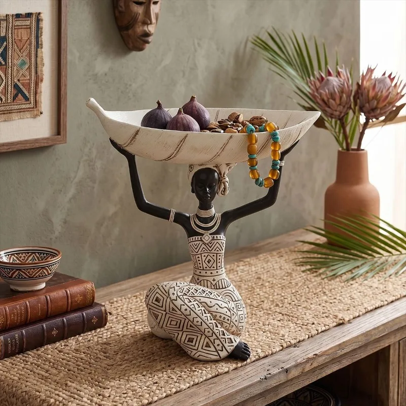 Creative African Women's Statue,Tray with Leaf Bowl,Black and White Ethnic Sculpture Decoration,Storage Tray for Home Decoration