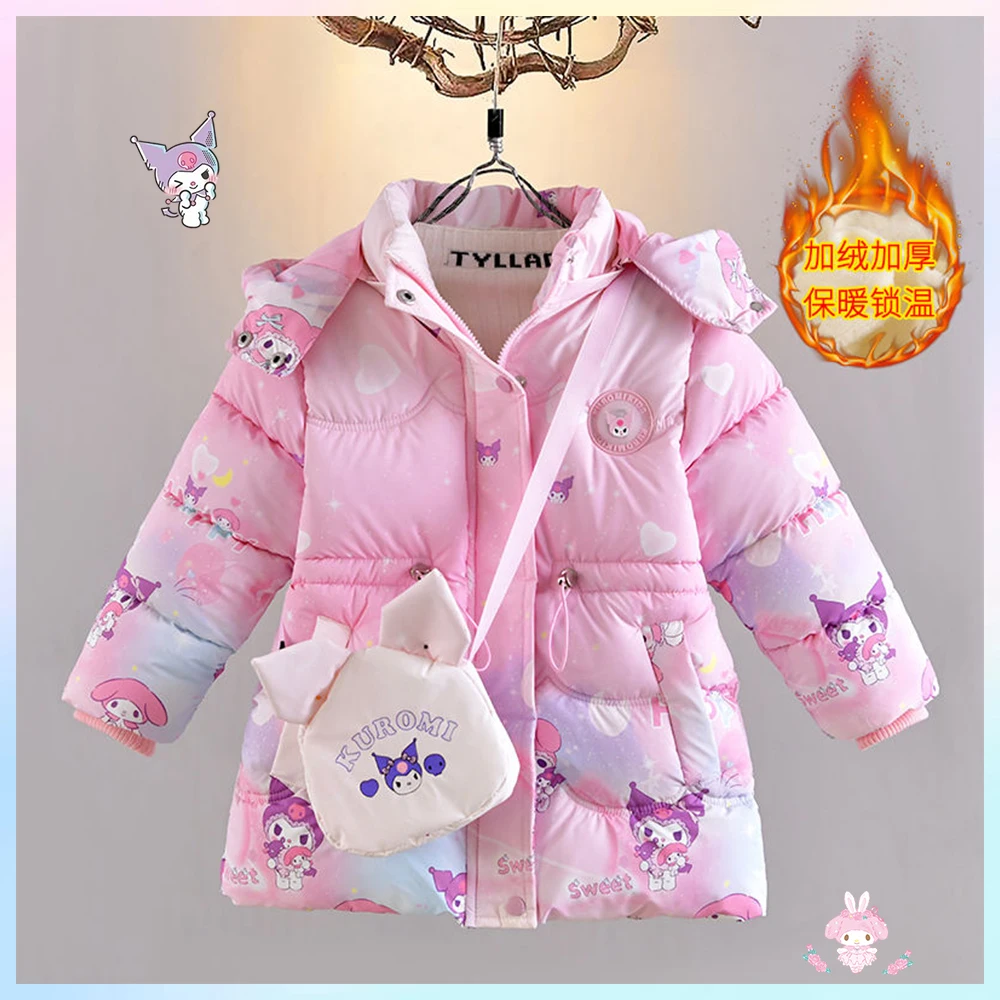 Winter Kawaii Hello Kitty Kuromi Kids Jacket Anime Sanrio Fashion Cute Glowing Icon Warm Plush Hooded Thick Down Jacket with Bag