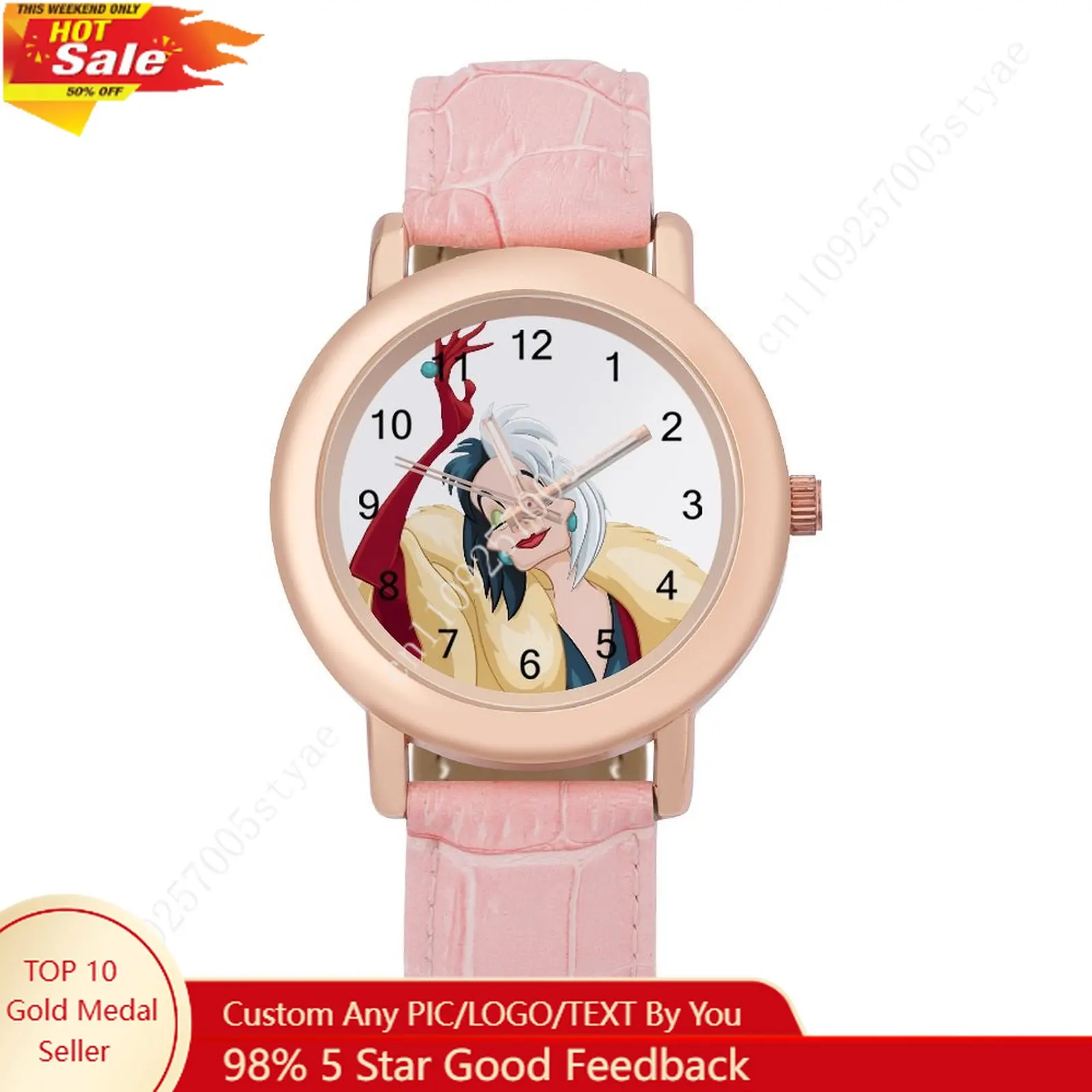 

Cruella de Vil Women Leather Strap Watch Disney Cartoon Custom Watch Personalized Your Own Design Holiday Birthday Gift Cosplay