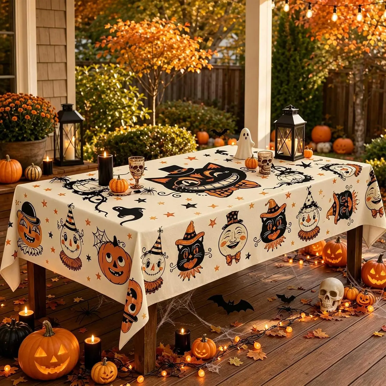 Halloween Tablecloth Rectangular Castle Tree Scary Themed Washable Polyester Table Cover for Party Picnic Dinner Holiday Decor