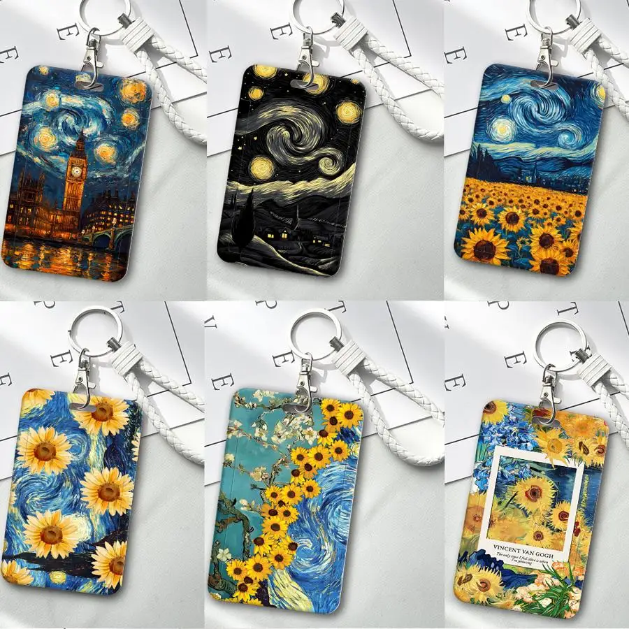 1Pc Card Holder Retractable Credit Card Holders Holders Child Bus with lanyard Bank ID Badge Cover Case Van Gogh SunFlower
