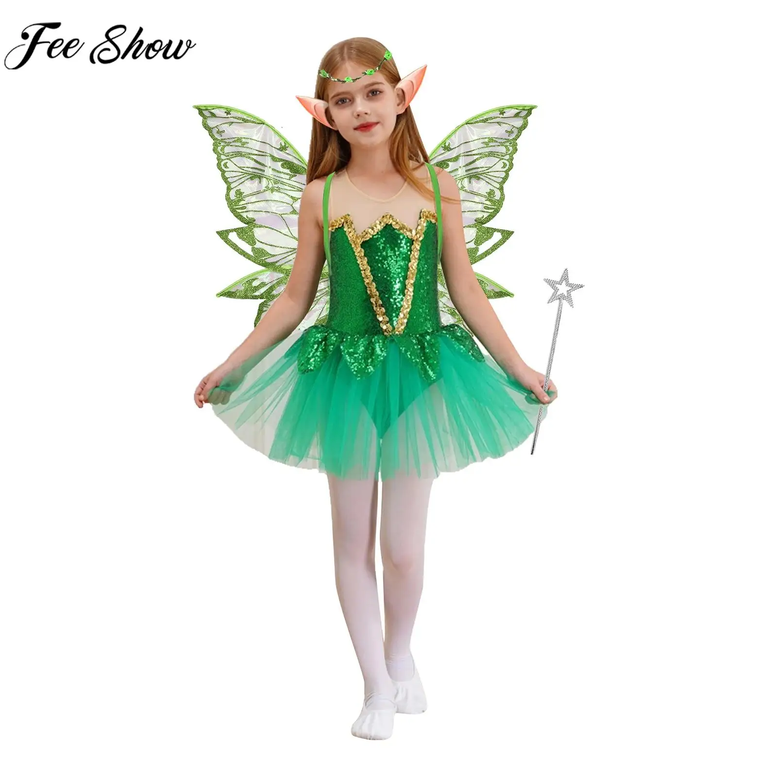 Children Girls Halloween Carnival Fairy Elf Costume Sequins Mesh Tutu Leotard Dress with Wings Elves Ears Magic Wand Garland