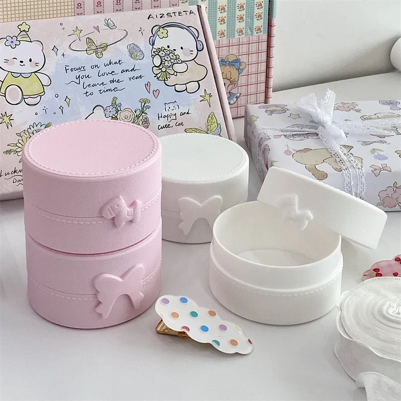 1Pc INS Cute Macaron Bow Round Storage Box Kawaii Girls Jewelry Hairpins Dustproof Box Travel Portable Small Sundries Organizer