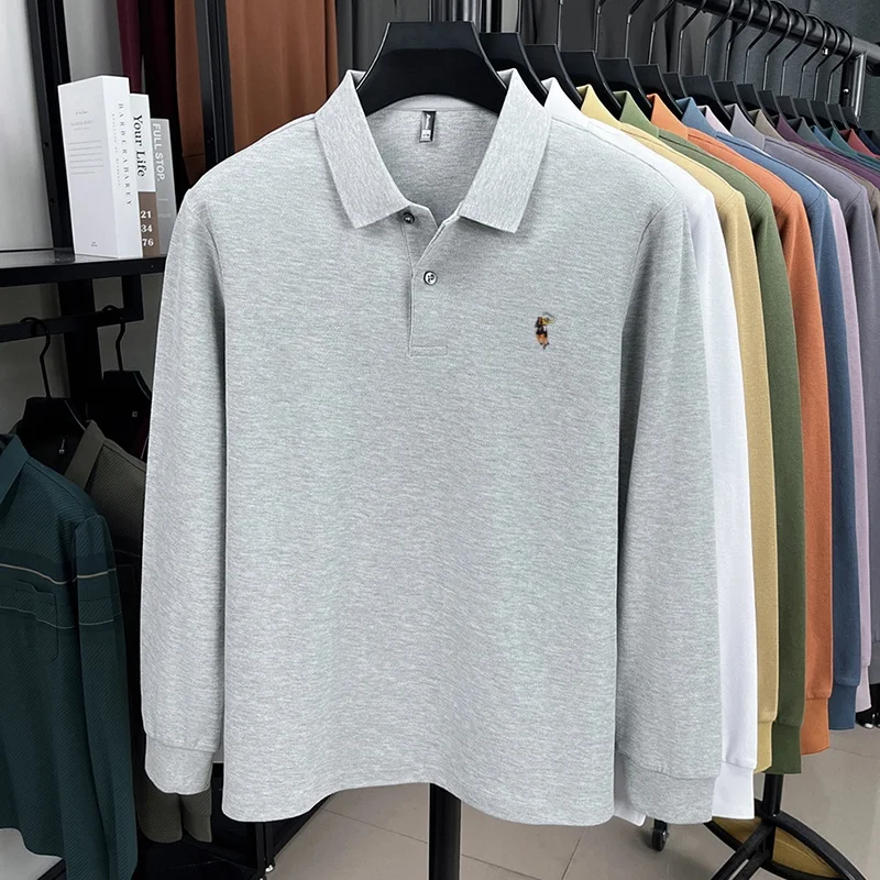 

100% pure cotton high-end brand men's long sleeved polo shirt autumn fashion hot selling pony embroidery golf business T-shirt