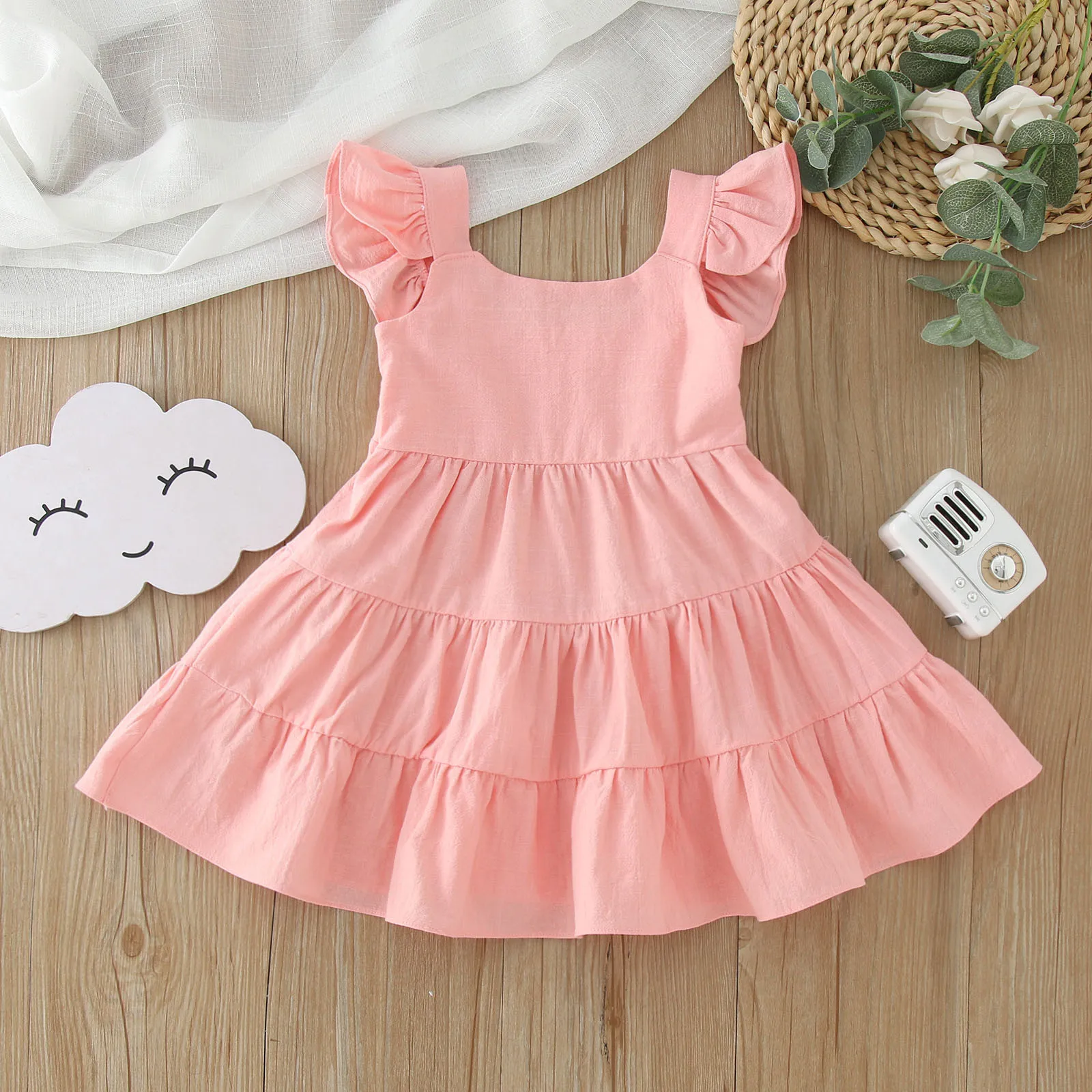 2023 Summer Kids Girls Sundress Toddler Fly Sleeve Solid Color Pleated Princess Dress Dance Party Beach Casual Dresses Vestidos