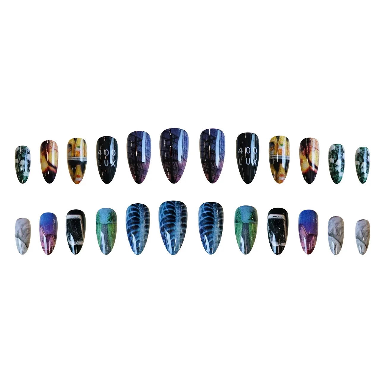 24 Uds. Parches de uñas postizas de almendra brillante, cubierta completa de Material acrílico, uñas postizas con diseños de huesos del atardecer de la autopista, prensa en las uñas