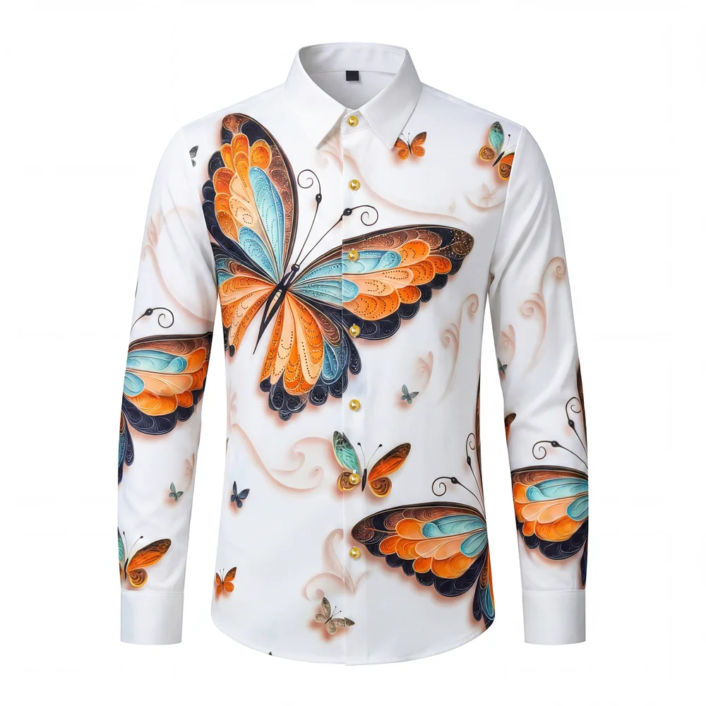 Luxury Butterfly Rhinestone Men's Shirt Brand Long Sleeve Casual Business Dress Shirts Social Banquet Party Performance Costumes