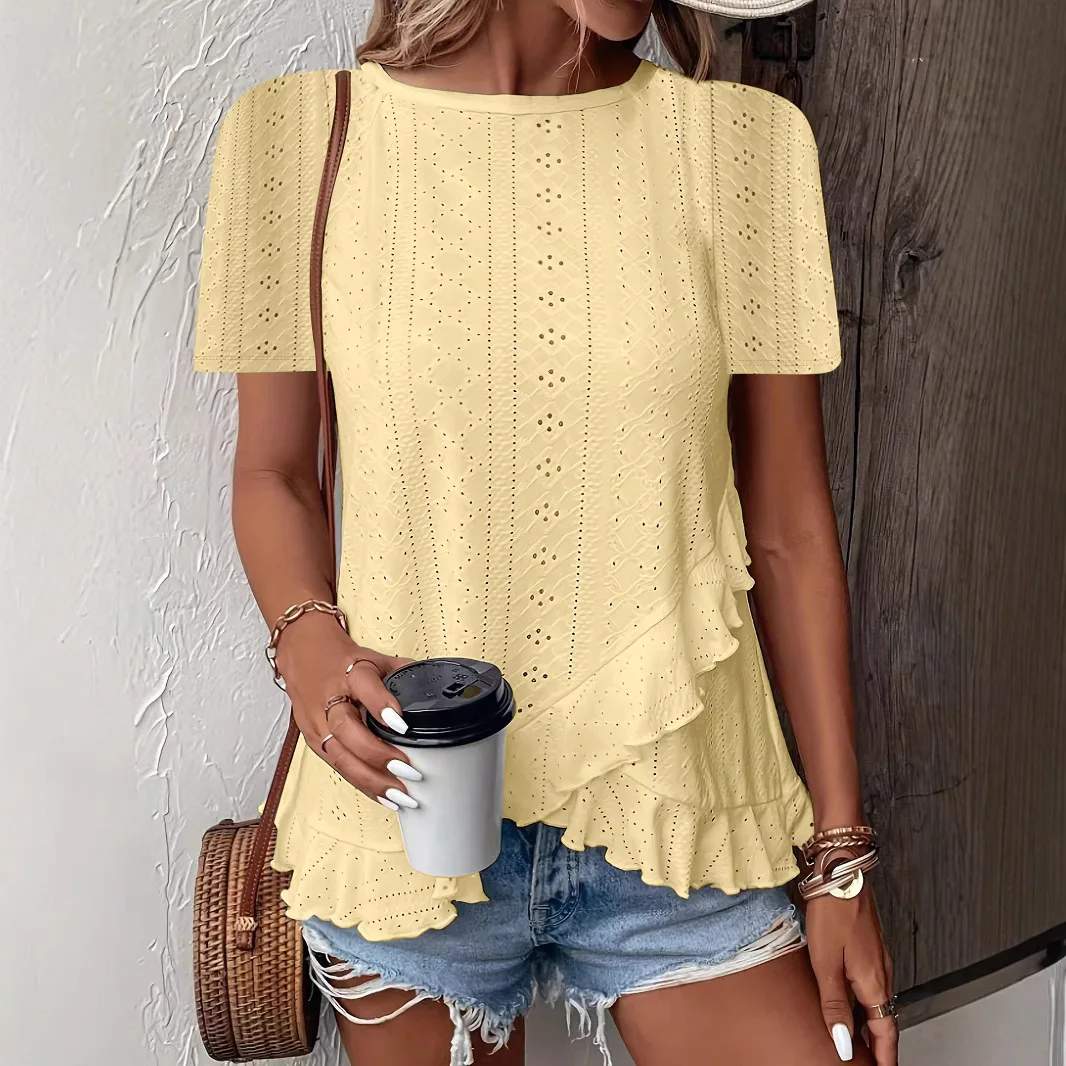 Damska koszulka z krótkim rękawem, okrągły dekolt, gładka, prosta, koronkowa, codzienna, nowa kolekcja lato 2025.