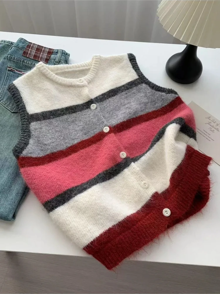 

Contrast Color Striped Knitted Vest Women 2025 Autumn Round Neck Single Breasted Sweater Casual Vintage Waistcoat Tops