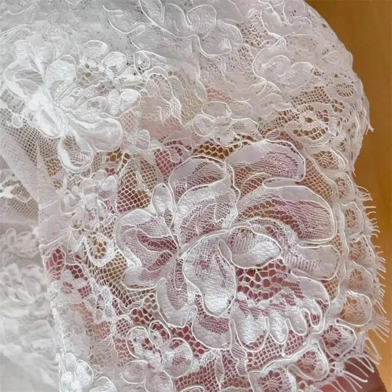 300CM X 150CM.French Large Flower Border Embroidery Lace Fabric.Couture Bride Wedding Gown Fabric