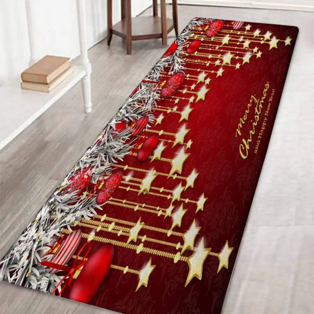VIKAMA Christmas Runner Rug Santa Snowmen Reindeer Floor Mat Christmas Decoration Indoor Red Soft Flannel Carpet Home Decoration