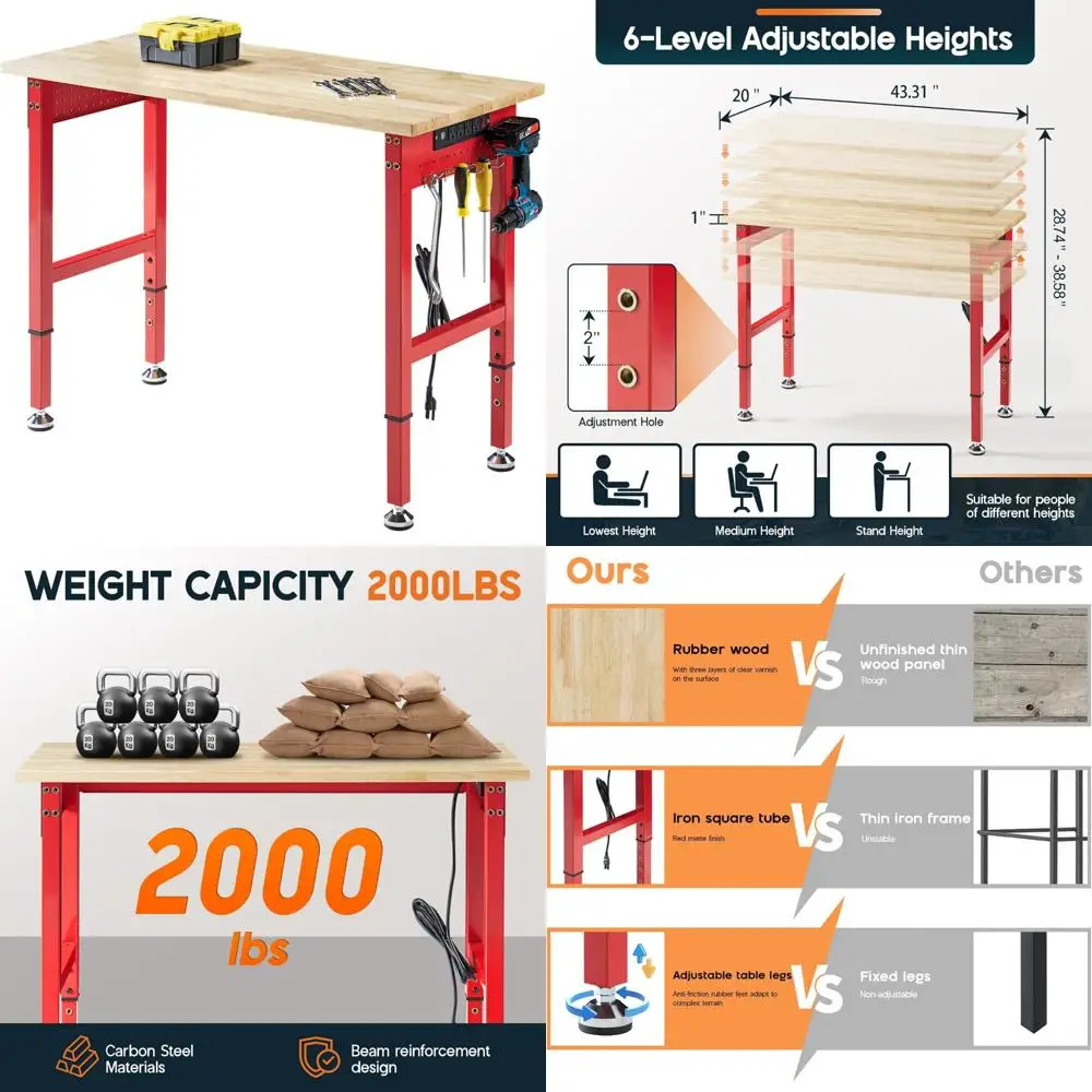 Adjustable Heavy-Duty Workbench 44x20 with Power Outlets, 2000 LB Capacity, Solid Rubberwood Top, Ideal for Garage Use