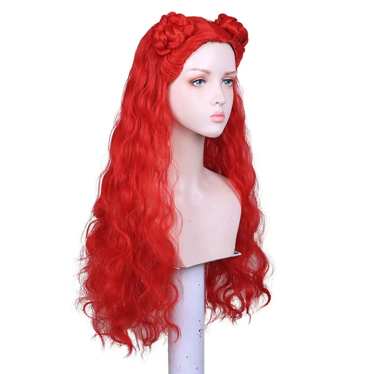 Descendants 4 Girls Red Wig Long Curly Red Cosplay Wig with 2 Buns for Halloween Costume