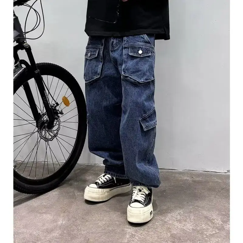 

American Style Casual Loose Straight Leg Men's Jeans Multi-Pocket Workwear High Street Cone Shape Pants Spring Autumn
