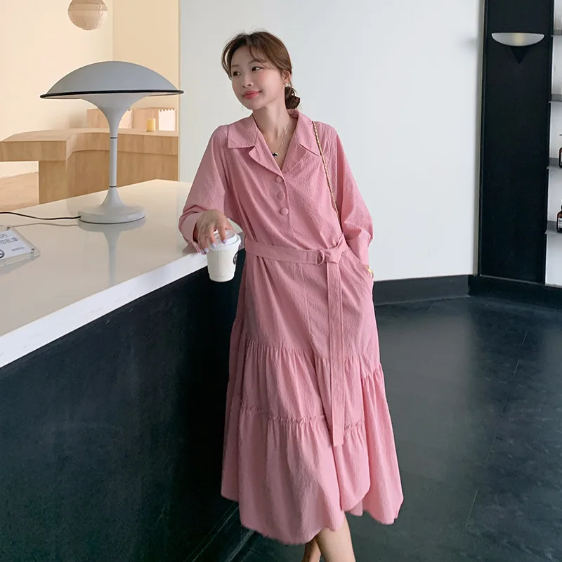 SuperAen robe à revers 2025 nouvelle taille haute robe d'épissure irrégulière à manches longues ceinture robe chemise