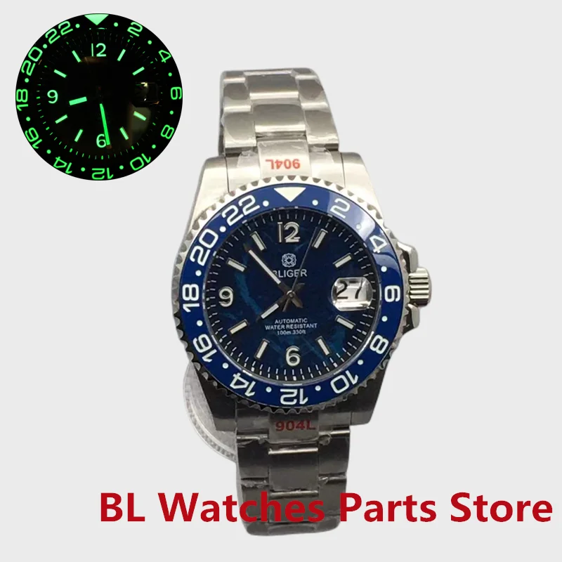 BLIGER 40mm Case NH35 Blue Insert Automatic Men Watch Super Green Luminous Dial Bezel Brush Steel Bracelet Date Magnifier