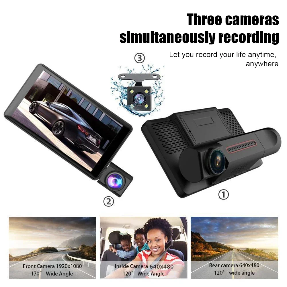 Car DVR 3 Cameras  4.0 Inches Dash Cam Car Video Recorder Auto Registrator Dvrs Dash Cam with 3 Ways Cameras 24h Parking Monitor