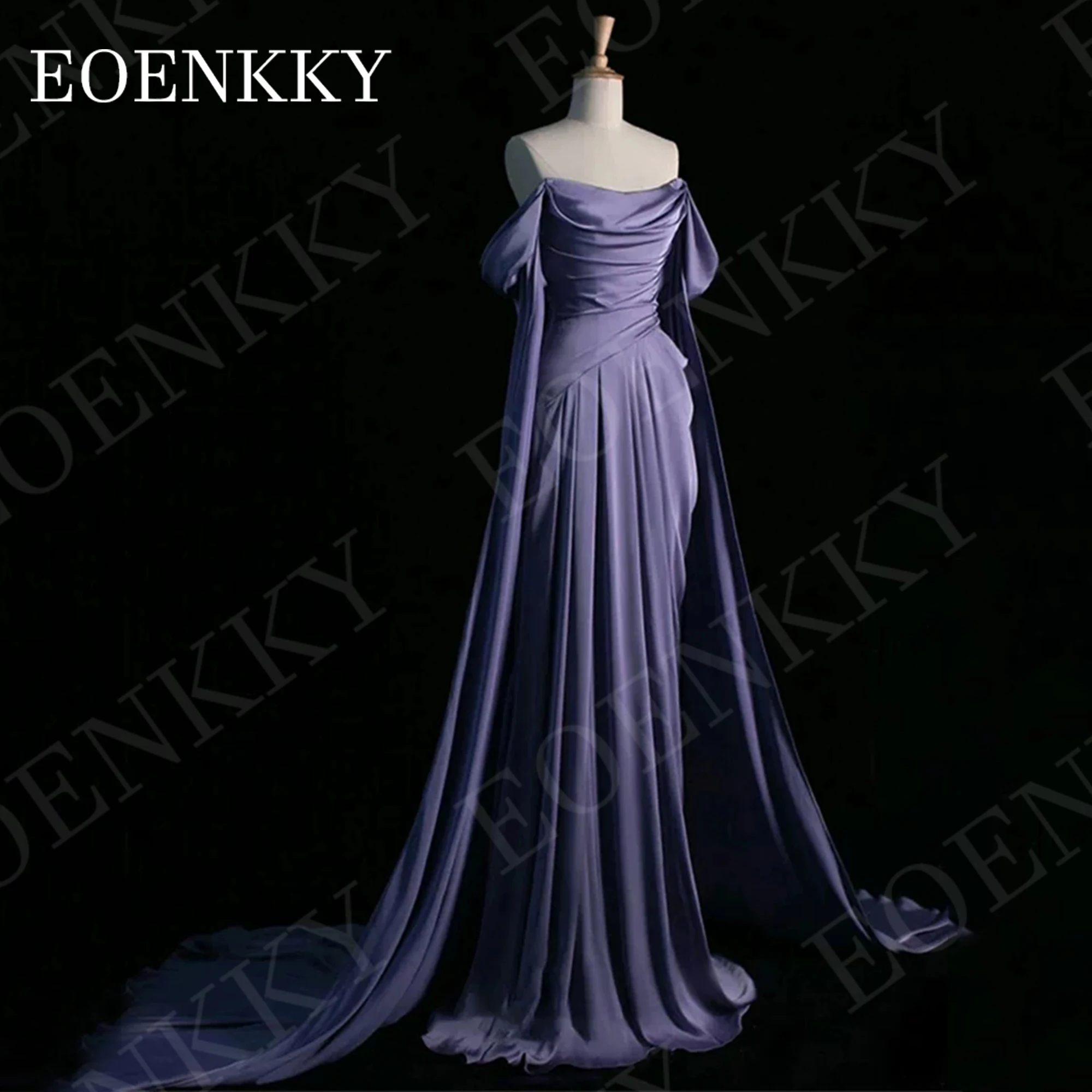 EOENKKY Saudi Arabia Evening Dress Maxi فستان سهرة نسائي Off Shoulder A Line Satin Pleats Formal Occasion Dresses Shawl Sleeves