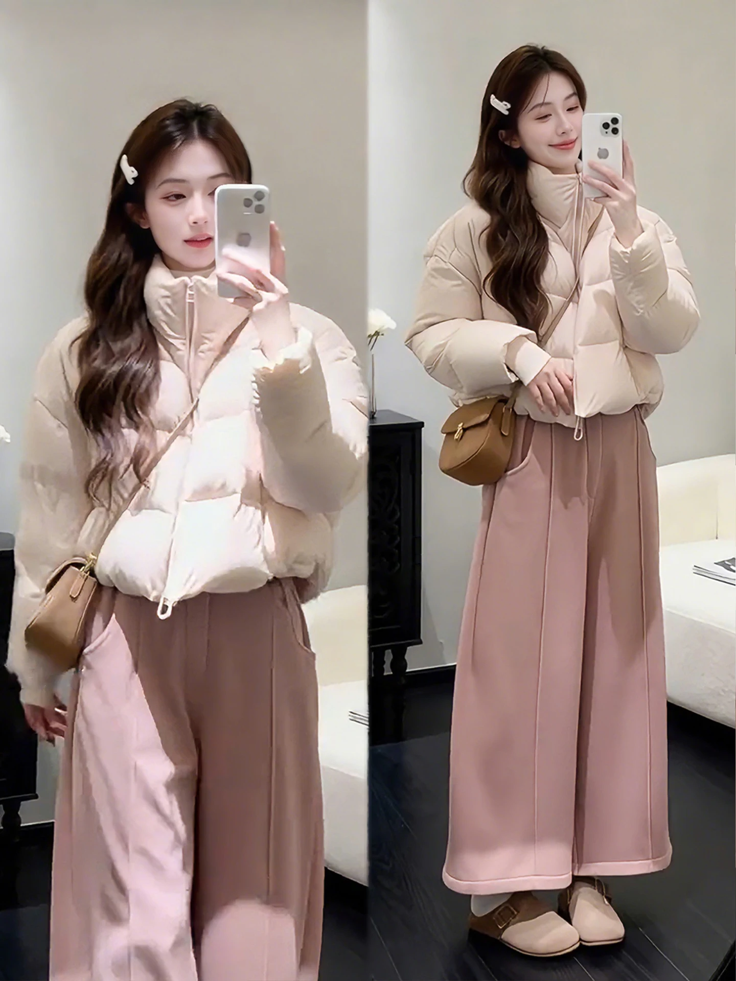 

Winter Warm Cotton Jaet And Wide Leg Pants Set Women's ort Sle Korean Gentle Faion plus Size Clothing Thermal Ensemble