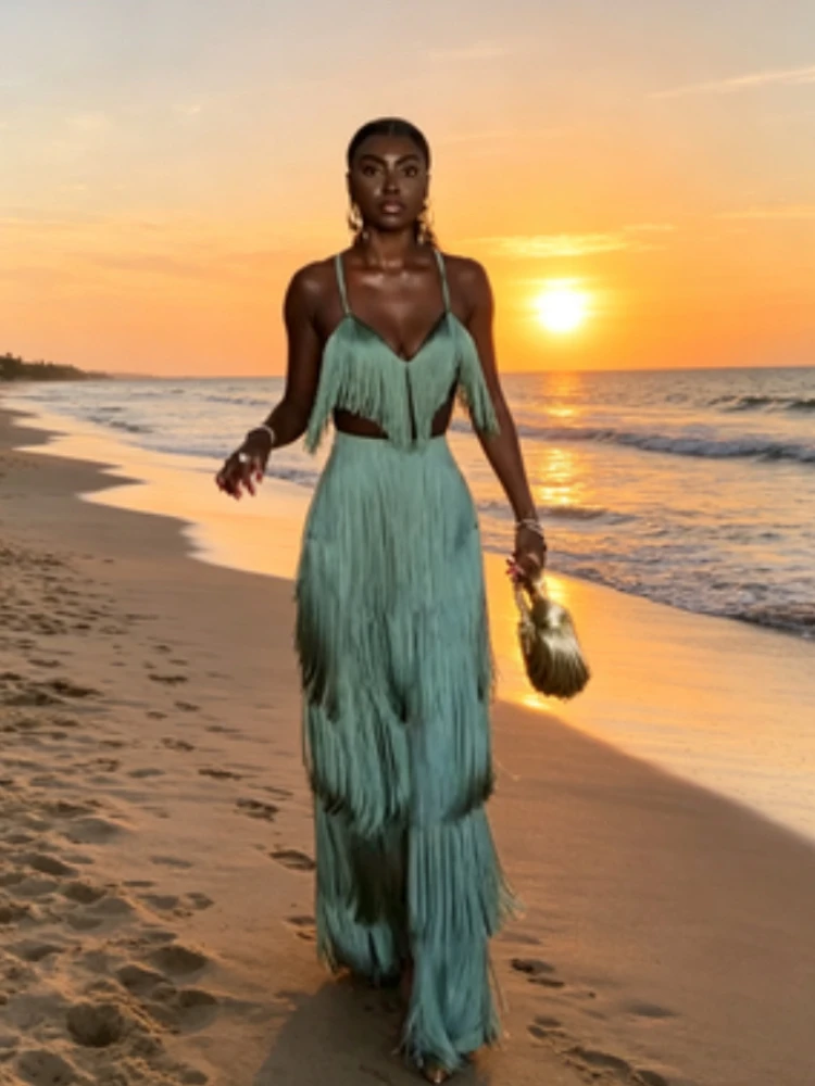 Nouvel ensemble 2 pièces pour femme, turquoise, à franges, avec haut à fines bretelles et pantalon, tenue élégante à découpes à la taille pour soirée, cocktail, club