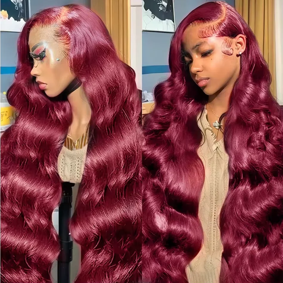 200 densidade 99j borgonha 13x4 13x6 hd onda do corpo frente do laço perucas de cabelo humano 30 36 polegadas vermelho colorido perucas frontais para mulher remy