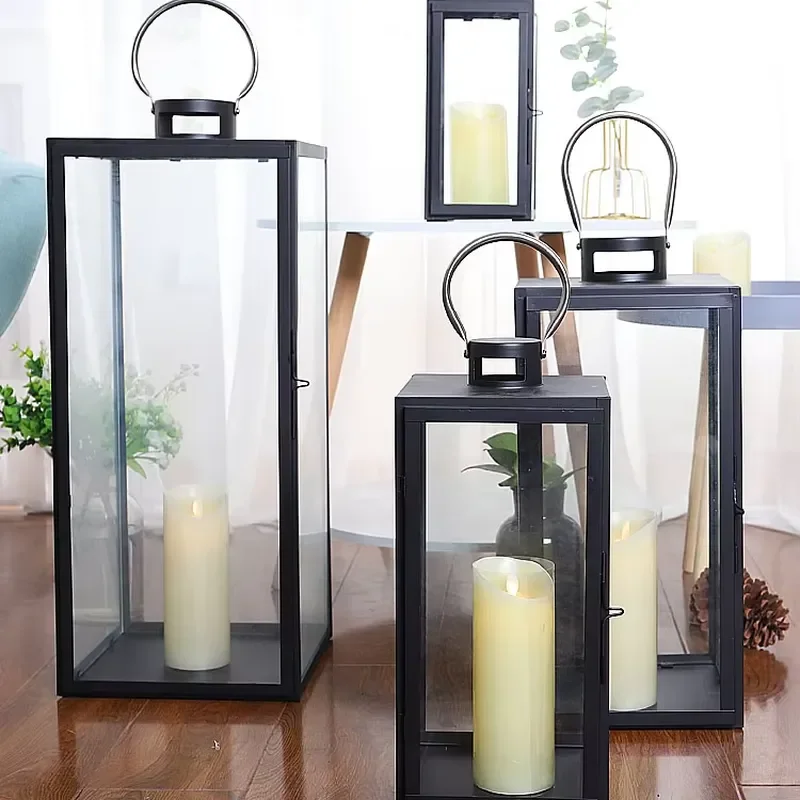 Large Square Metal Candle Holder with LED Light Windproof Crystal Design for Weddings Christmas Home Decor Iron Jar Model