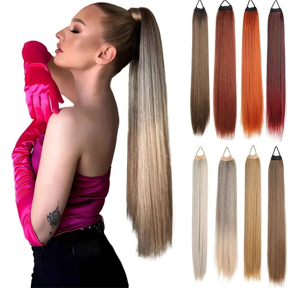 Synthetic Straight Ponytail Extensions Rubber Band Hair Braided Pony Tail Hairpiece 28 Inch Blonde Brown Hairstyle For Women