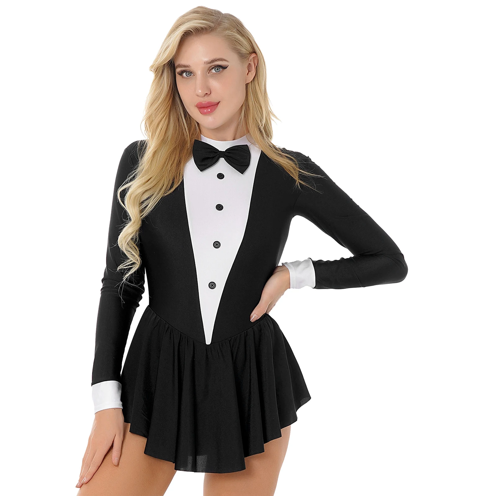 Women Long Sleeve Ballroom Latin Dance Dress Bowknot Ruffle Tuxedo Leotard Dresses Waitress Cosplay Costume Dancewear Clubwear