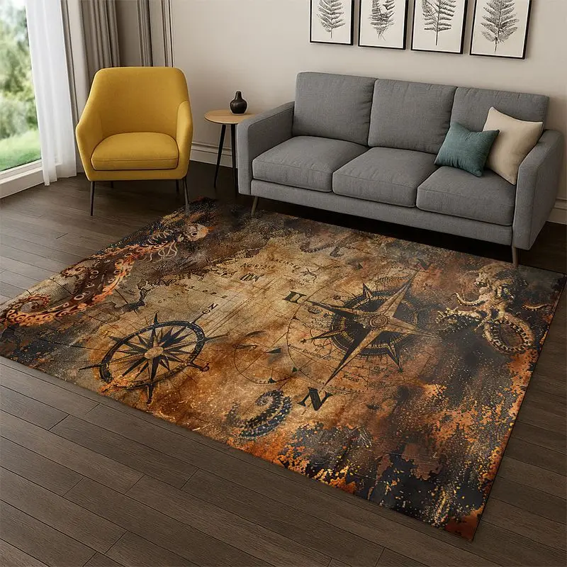 Ancient Nautical Chart Map Compass Cartoon Carpet Rug for Bedroom Living Room Sofa Playroom Doormat Home Decor,Area Rug Non-slip
