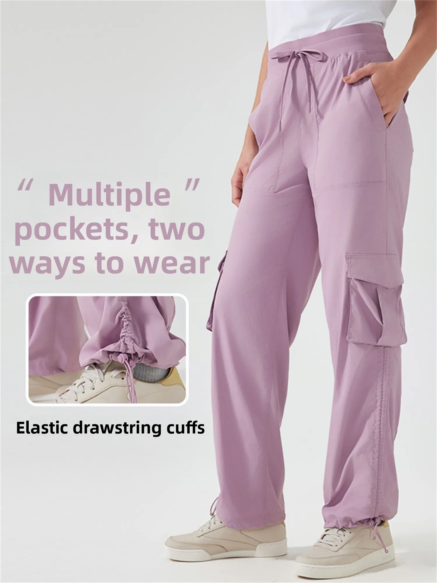 Lightweight Quick Dry Outdoor Casual Women's Workwear Loose Fit Long Trousers with Multiple Pockets Drawstring Design