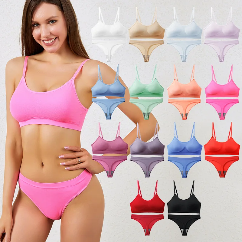 Seamless Bra Set Women Sexy Thongs Low Waist Panties Underwear Wire Free Bra Comfy Bralette Brassiere Candy Colors Lingerie Set