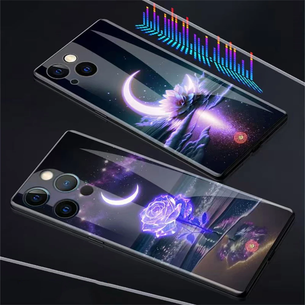 Moonlight Rose Beleuchtete Blitz-Sprach-Smart-Control-Glas-LED-Handyhülle für iPhone Air 18 17 16 E 15 14 13 12 11 Pro Max – Detail 19