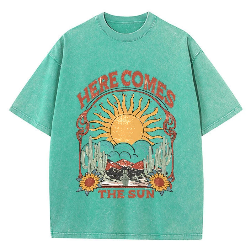 Vintage Womens Acid Wash T-Shirts Here Comes The Sun Printing Tees Crewneck Cotton Oversize Short Sleeve Fashion Female Clothes