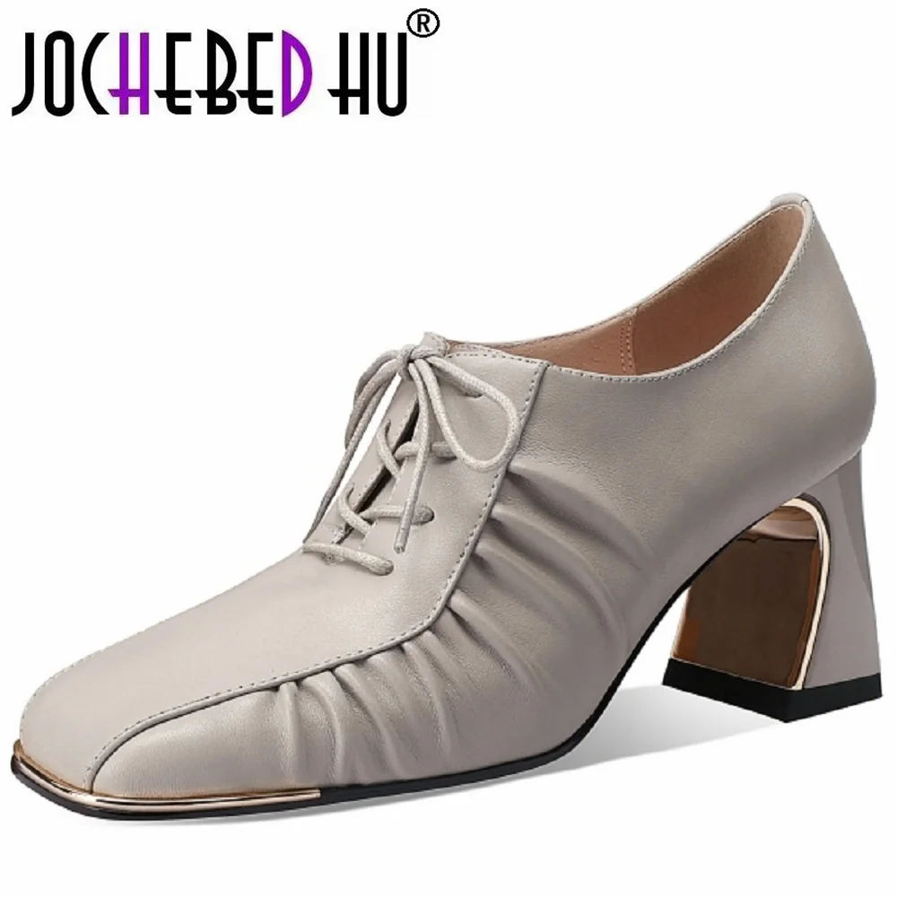 

【JOCHEBED HU】Classic Women's Handmade Pumps Lace Up Full Genuine Leather Thick High Heels Square Toe Shoes Top Quality 33-43