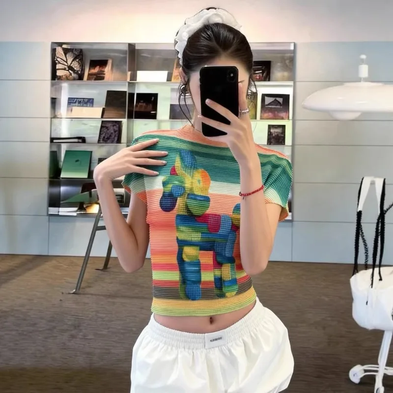 Miyake Pleated Slim Fit T-Shirt Women 2026 Summer Age-Reducing Dopamine High Elastic Short Sleeve Top Personality Pleated Shirt