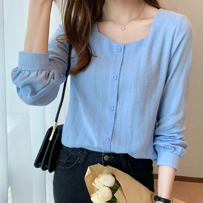 Women Korean Fashion Square Collar Long Sleeve Button Shirts New Autumn Office Lady Elegant Blouses Casual Solid Chic Tops Blusa