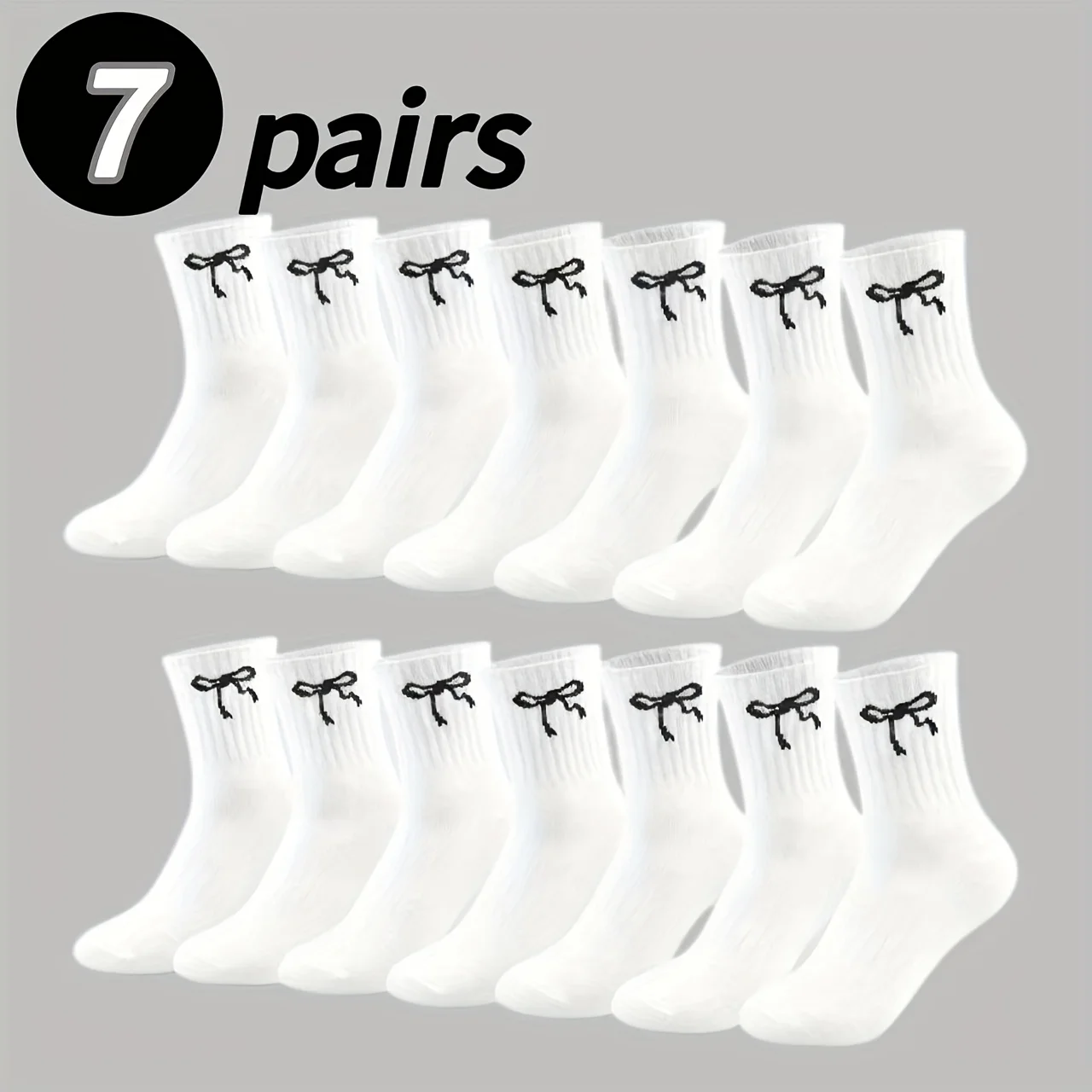 7 Paar Damen-Sportsocken mit Schleifendruck und mittlerer Röhre, modische Seitenstreifen, weich, bequem, schweißabsorbierend, ganzjährig lässige Socken – Detail 7