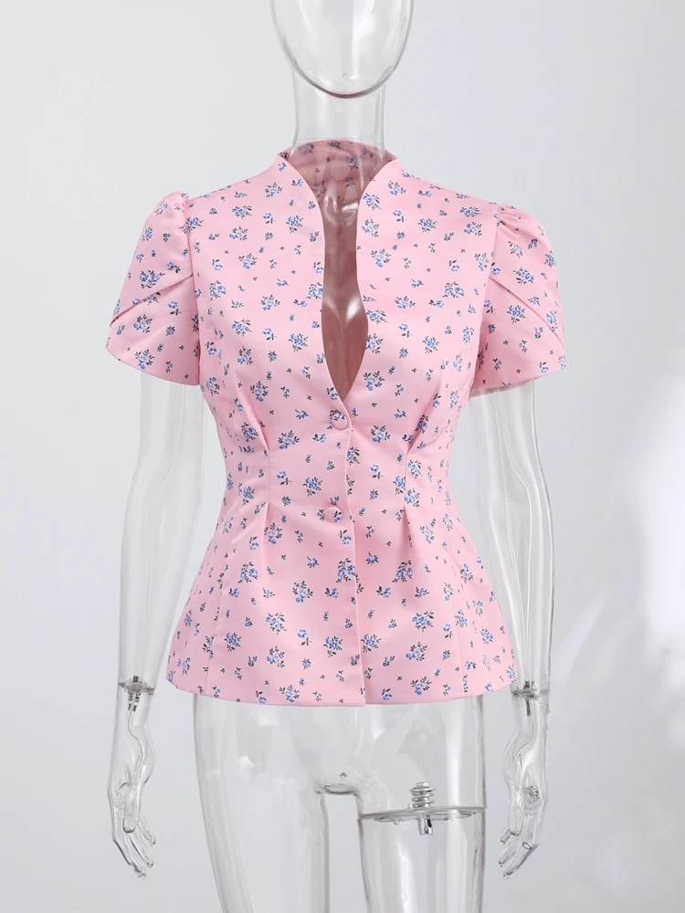 Bedruckte Kurzarm-Jacke mit Taillenschnürung für Damen, Eleganter Stehkragen, Einreihig mit Rüschen, Schlanke Passform, Neue Oberbekleidung – Detail 4