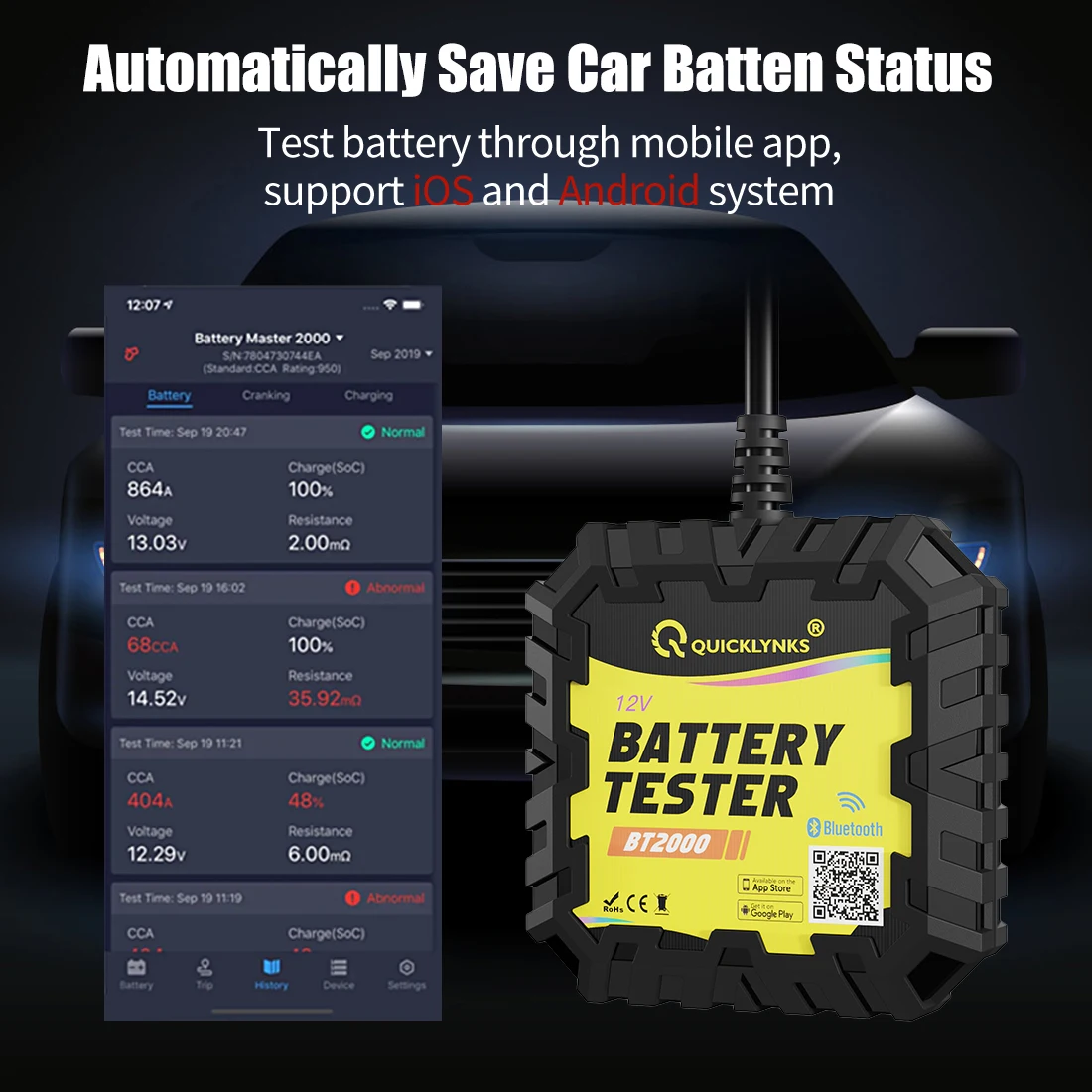 QUICKLYNKS BT2000 Bluetooth 4.0 12V Battery Monitor Car Battery Cranking&Charging CCA Battery Tester APP For Android IOS PK BM6