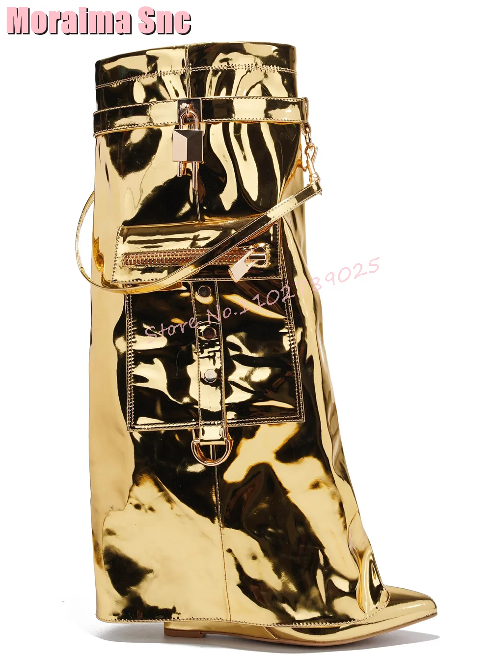 Pocket Padlock Turned-Over Edge Knee High Boots Pointed Toe Wedges Black Fashion Unique Women Long Boots Side Zipper Winter 2023 image 6