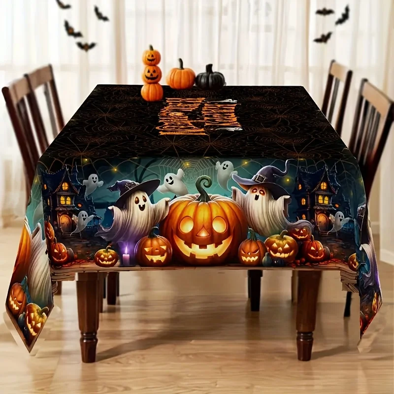 1Pc Halloween Pumpkin Ghost Tablecloth Black Orange Haunted House Print Table Cover Party Decoration Rectangular
