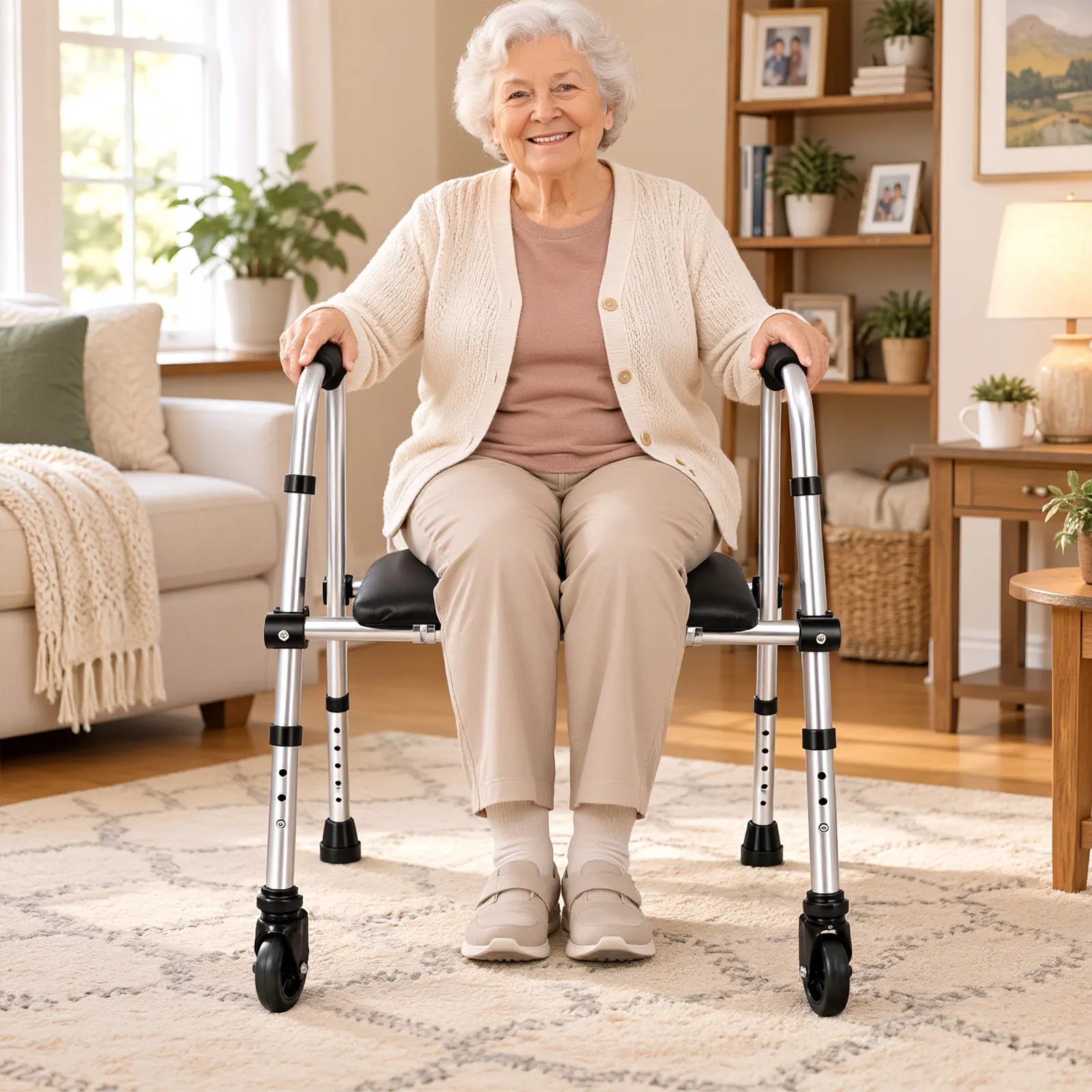 Aluminum Alloy Walker Reversible Seat Board PU Sponge Bath Shower Seat for Elderly Stable Walking Assistance Mobility Support