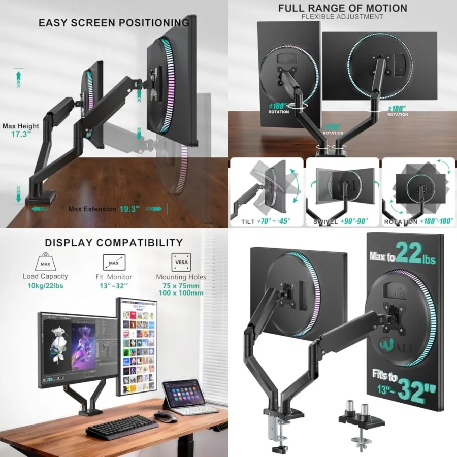 Dual Monitor Stand for 13-32 inch Computer Screens, Dual Monitor Arms for 2 Monitors Holds up to 22 lbs, Height Adjustable Dual Monitors Mount, VESA 75x75/100x100mm (GSMP002N), Black