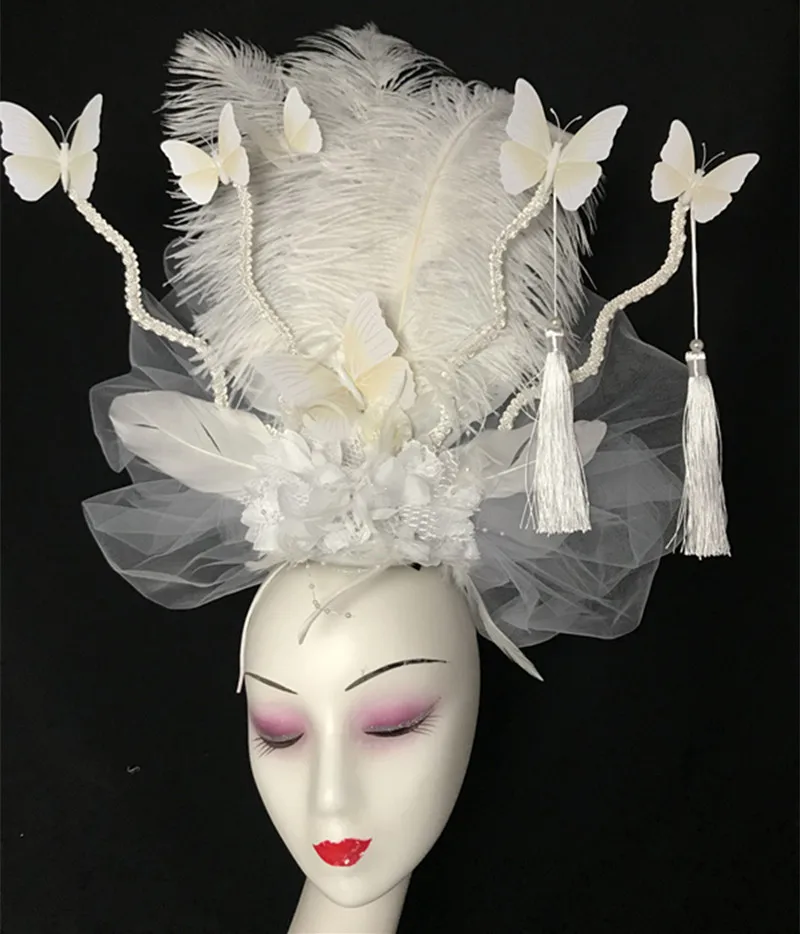 White Flower Feather Chinese Style Headwear Model Fashion Exaggerated Headwear Stage Creative Styling Headwear