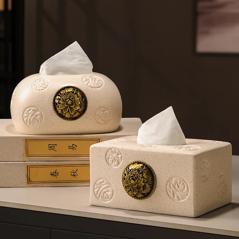 صندوق مناديل سيراميك مربع/دائري إبداعي طاولة طعام مزخرفة صندوق مناديل قابل للسحب مع تصميم زهور ذهبية ثلاثية الأبعاد ديكور منزلي #1