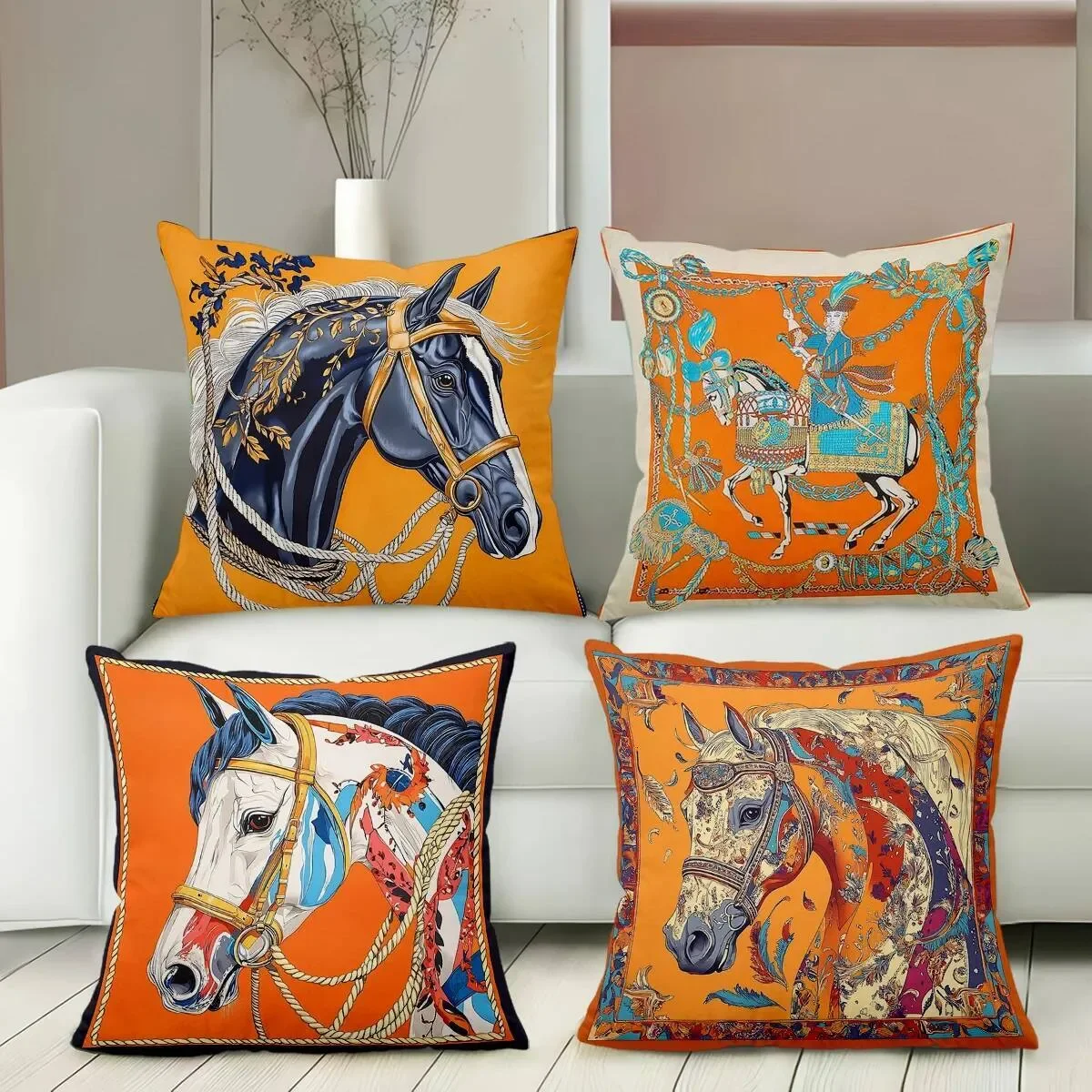 Vibrant Equestrian Horse Portrait Throw Pillow Covers Set for Farmhouse Rustic Home Decor Accent Cushion
